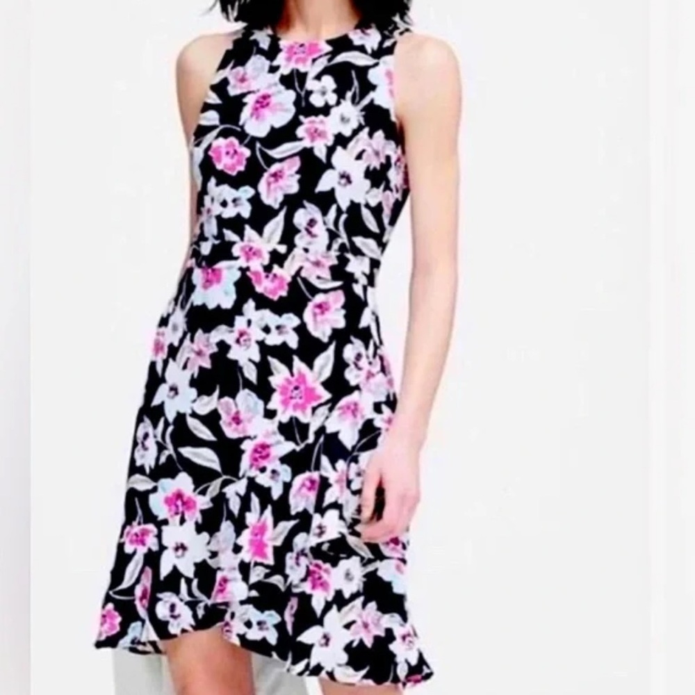 Banana Republic Navy Blue Pink Floral Print Racerback Ruffle Flounce Dress Sz 4